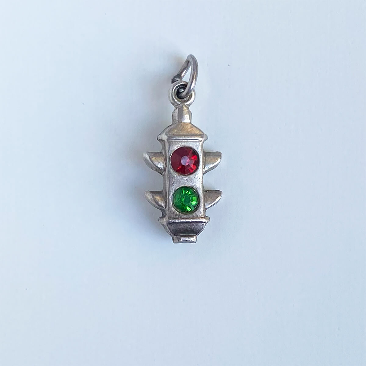 Vintage 1940s traffic lights charm sterling silver with green and red crystals from Charmarama