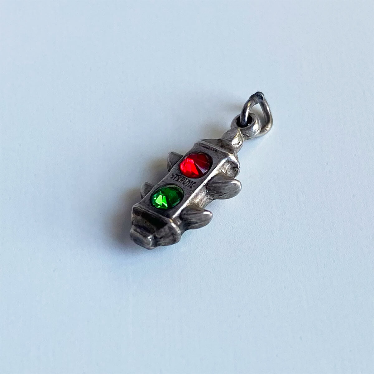 Vintage 1940s traffic lights charm sterling silver with green and red crystals