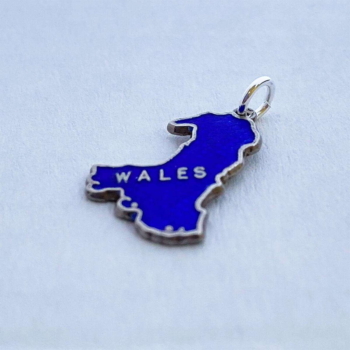 Vintage 1966 map of Wales charm English silver and royal blue enamel