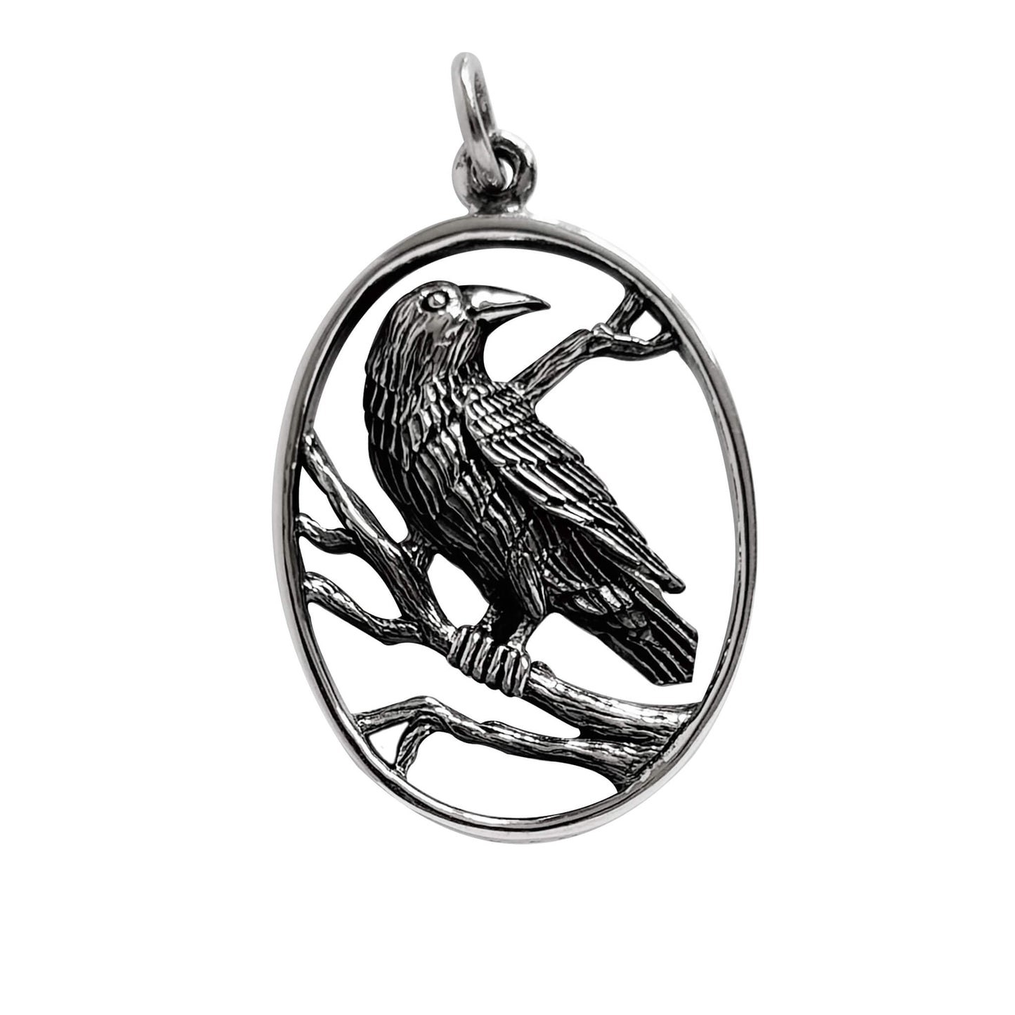 Crow in oval frame charm sterling silver bird pendant