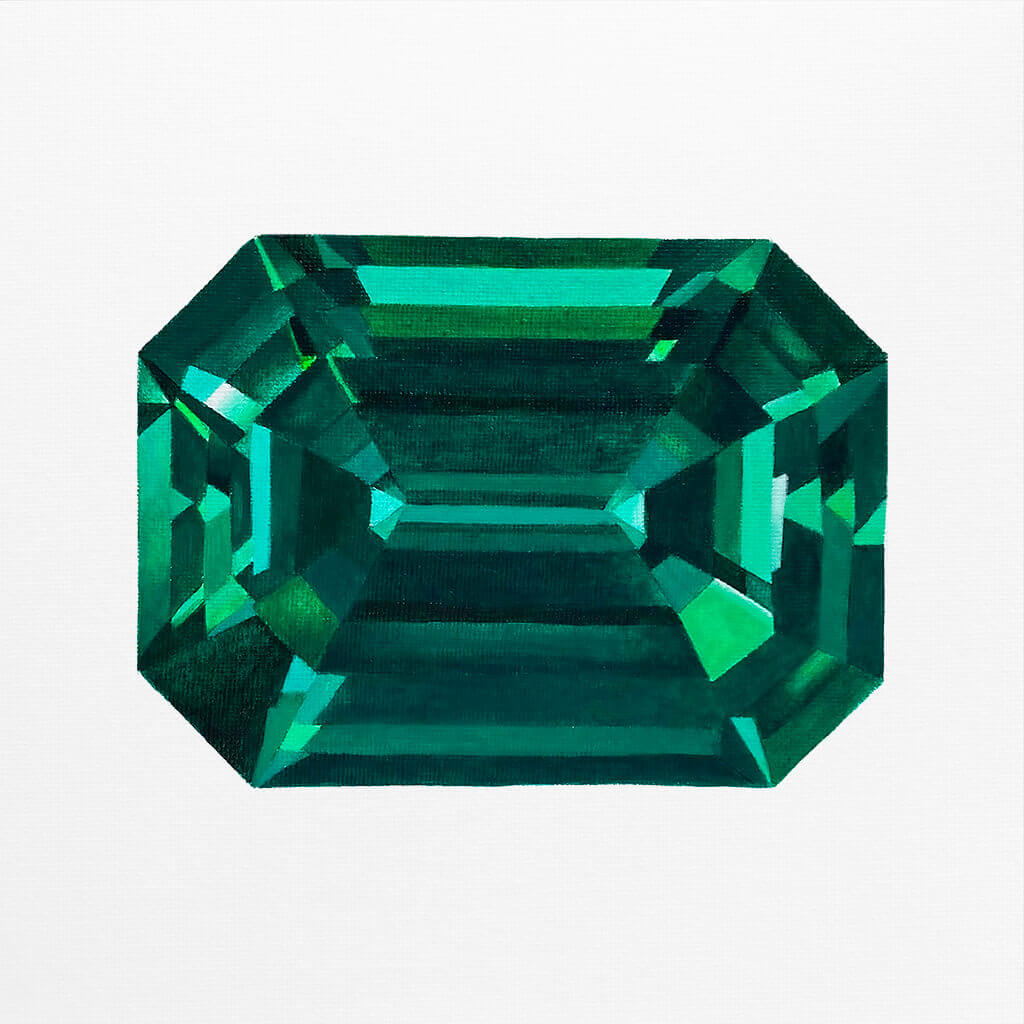 Emerald cut emerald gemstone on a white background Painted by Amanda Gosse