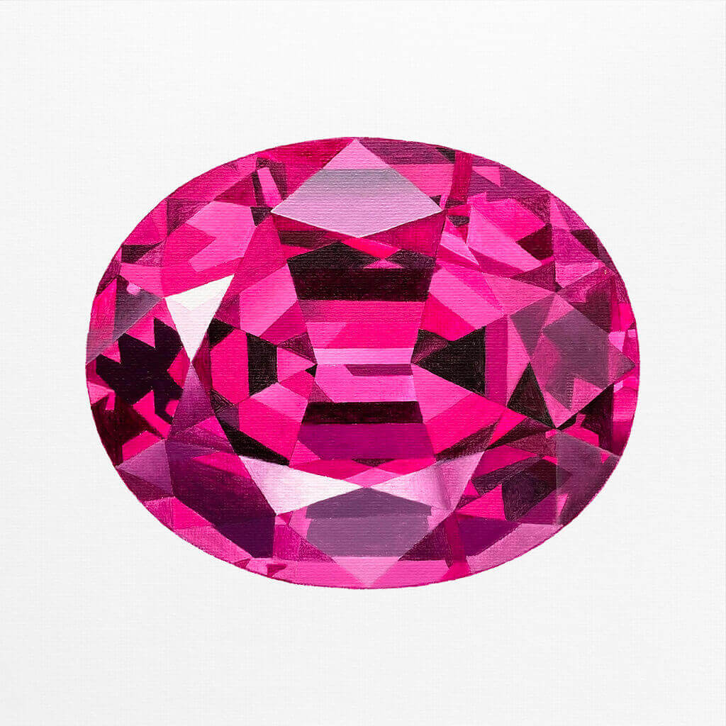 Oval Pink tourmaline gemstone on a white background painted by Amanda Gosse