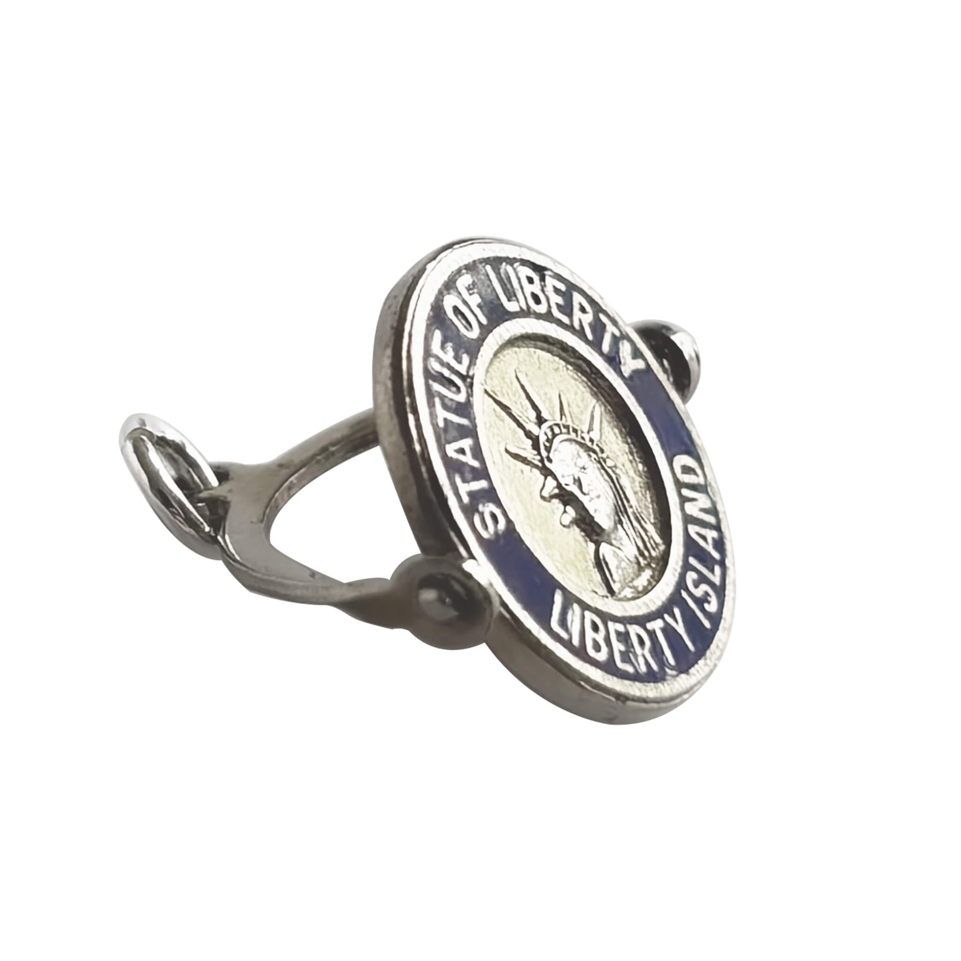 Statue of Liberty spinning disc on a ring with blue border