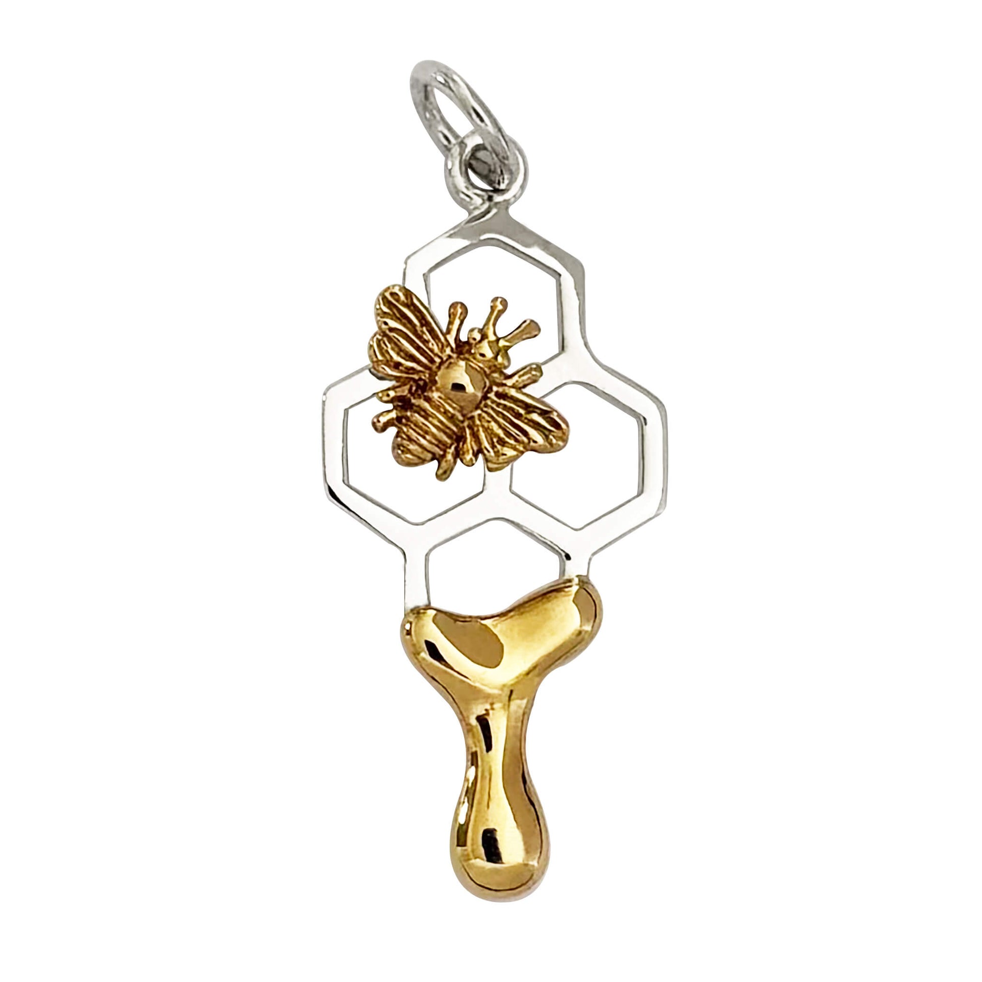 Honey bee on honeycomb charm in sterling silver and bronze