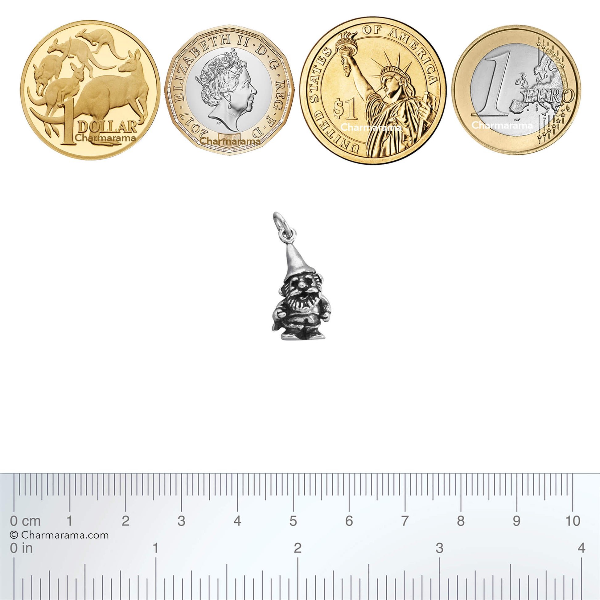 Sterling silver garden gnome charm with coins and ruler on a white background