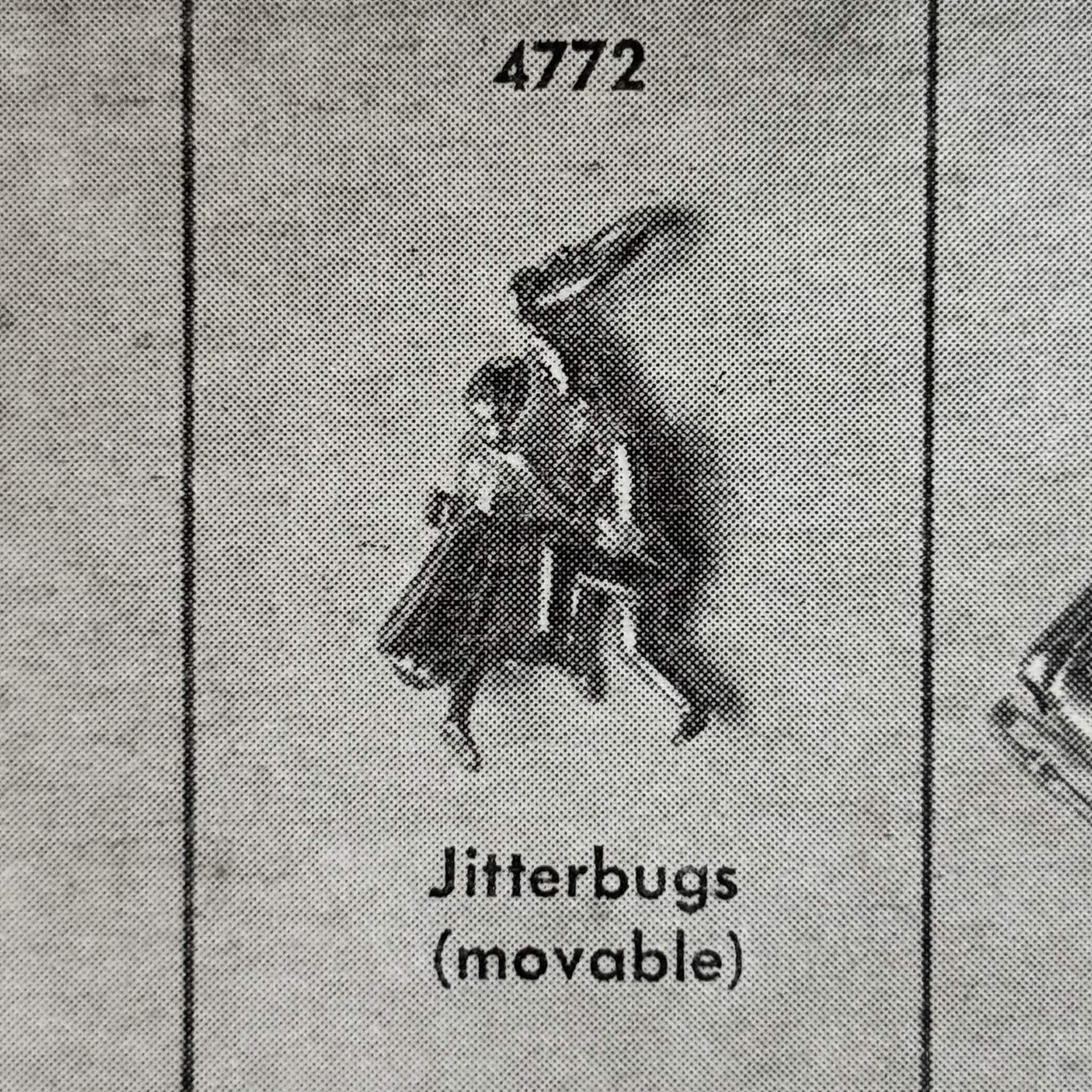 Vintage charm catalogue page with 'Jitterbugs (movable)' text and a small photo on a textured background.