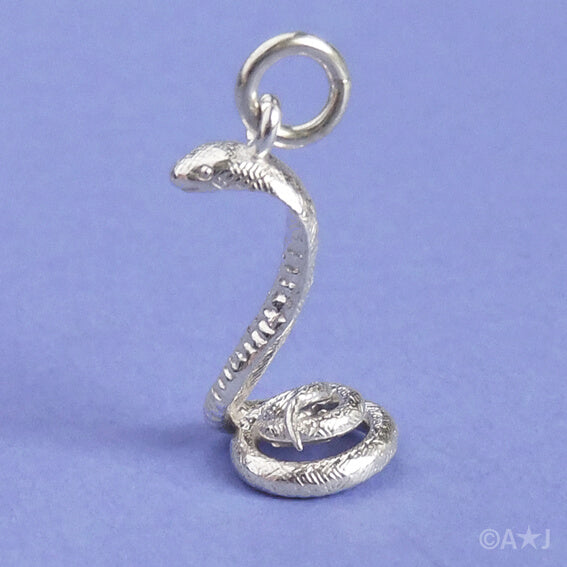 Sterling silver cobra snake charm on purple background