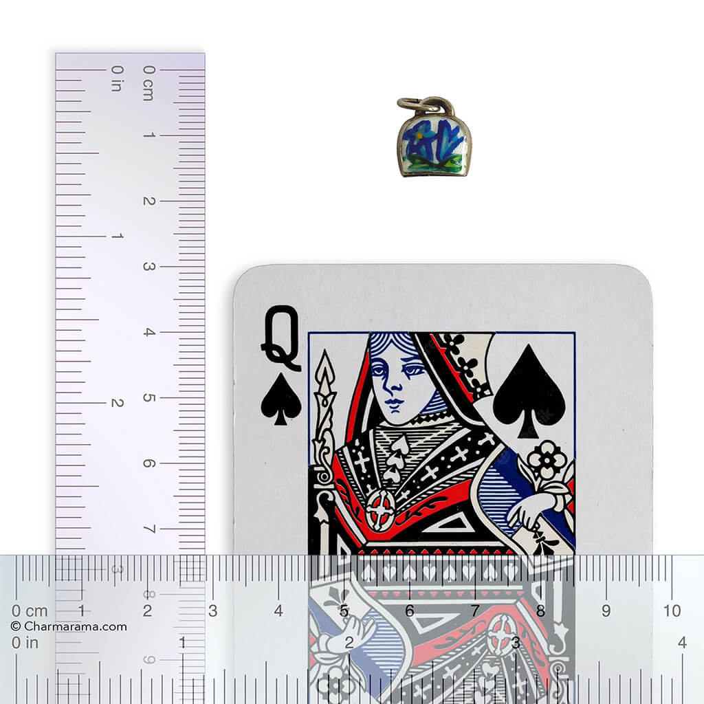 Vintage Silver Swiss Bell Charm with playing card and ruler for scale