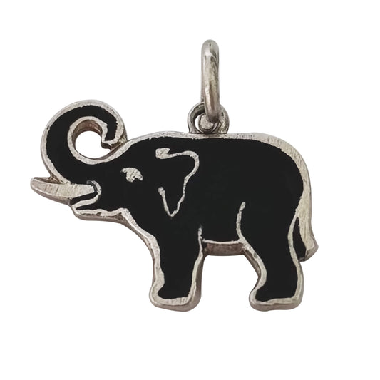 Black elephant pendant with silver outline on a white background