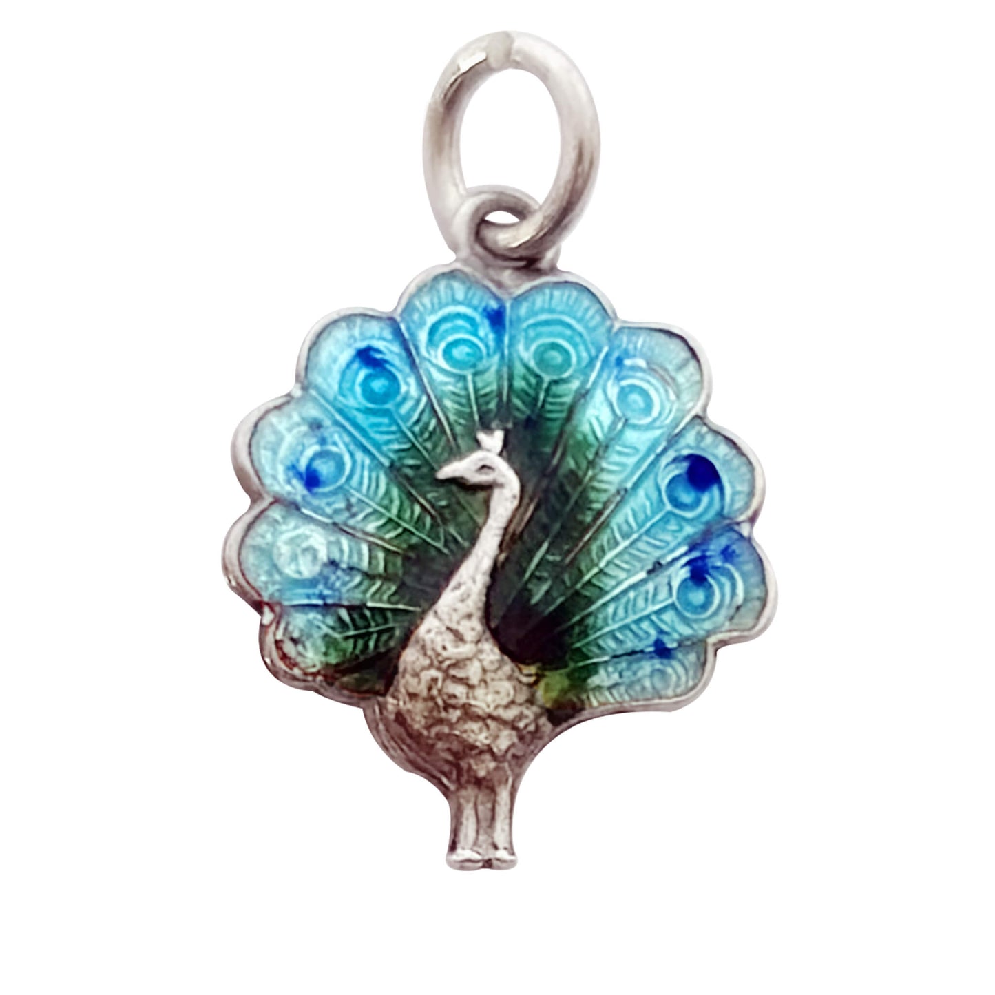 Peacock bird charm vintage silver and enamel