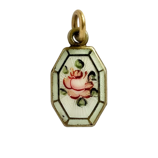 Vintage guilloche enamel pink rose on white octagonal brass charm