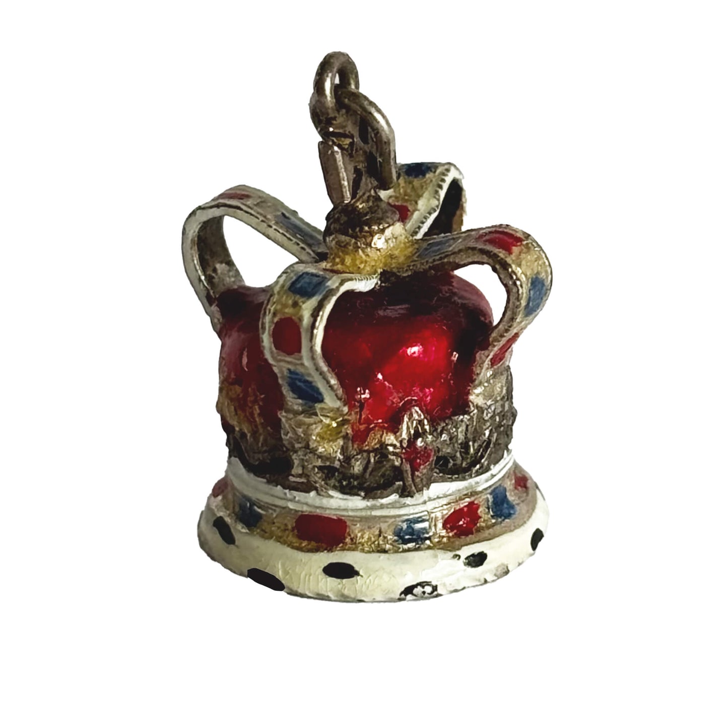 Crown-shaped pendant with red and gold enamel on a white background