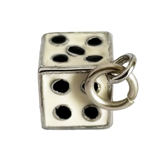 Vintage dice charm in sterling silver white enamel with black dots