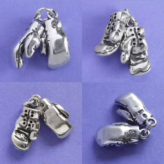 Silver boxing gloves charm from four angles