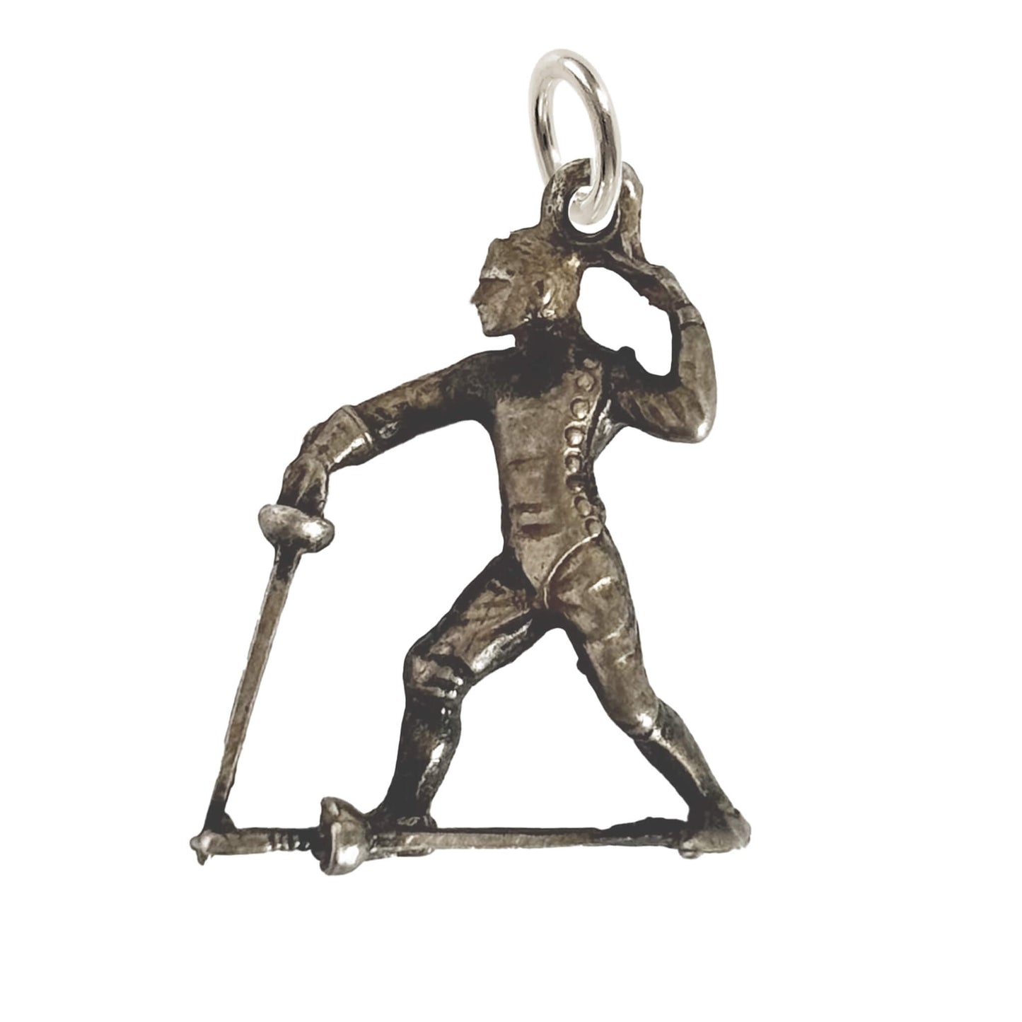 Silver pendant of a fencer holding a sword on a white background