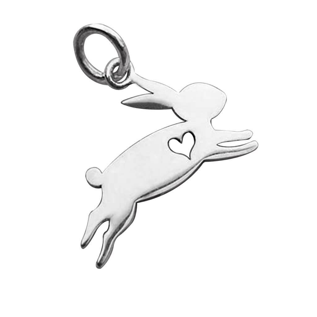 silver rabbit charm silhouette with heart on white background
