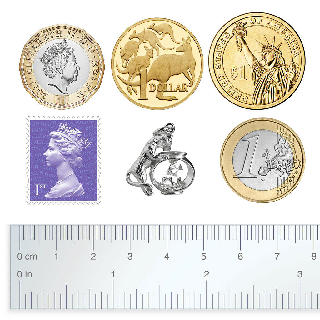 silver cat and fish bowl charm with coins stamp and ruler for scale on a white background