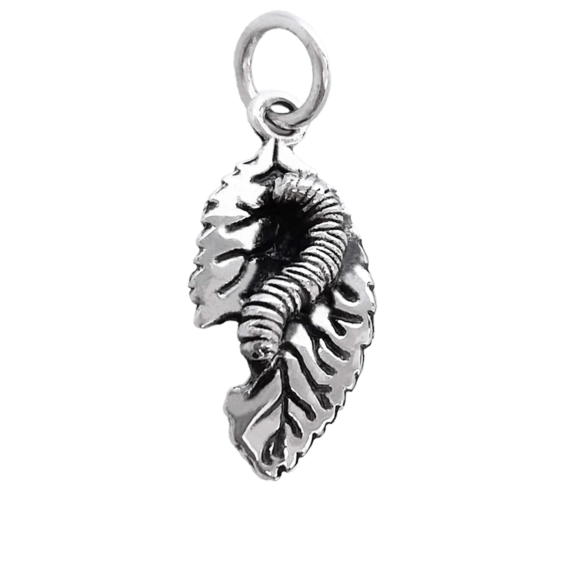 Sterling silver caterpillar on leaf charm