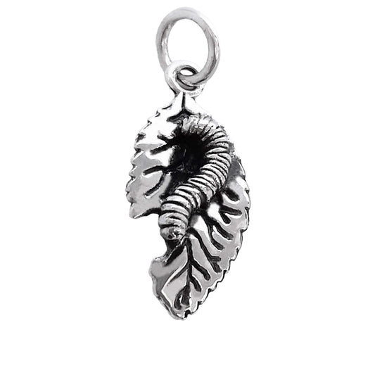 Sterling silver caterpillar on leaf charm