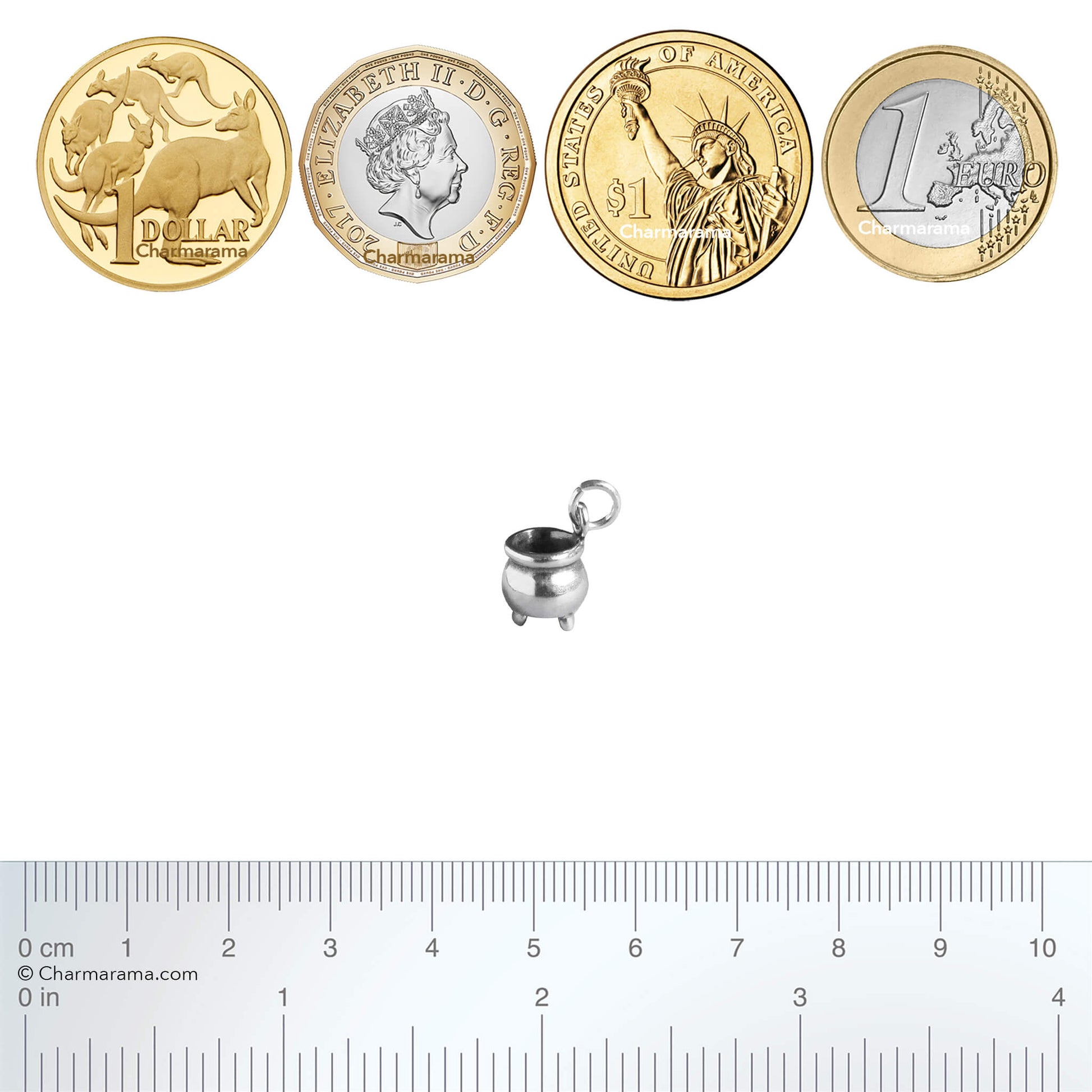 silver cauldron charm with coins and ruler for scale