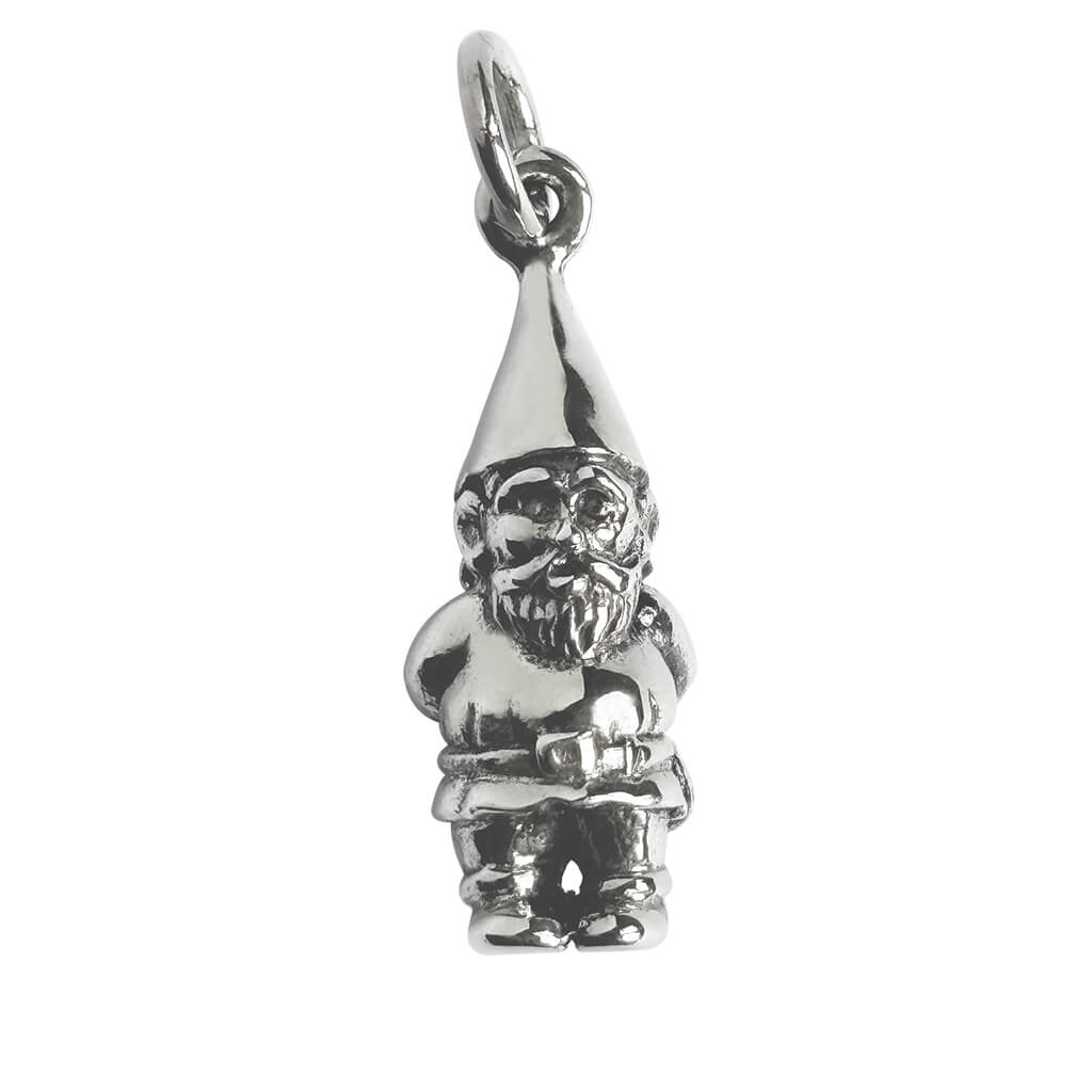 Silver gnome charm on a white background