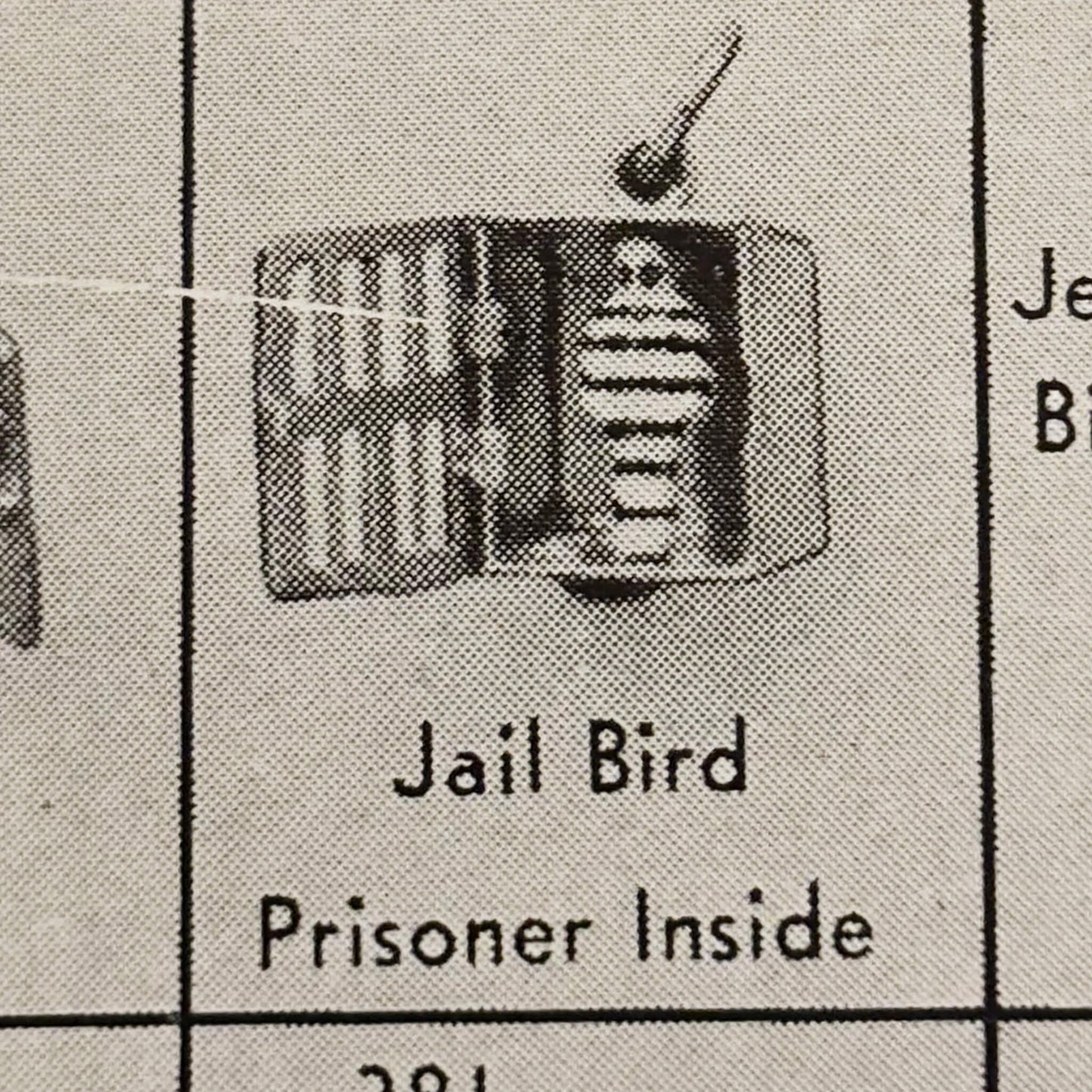 Image from a vintage charm catalogue showing a prison cell charm with 'Jail Bird, Prisoner Inside'.