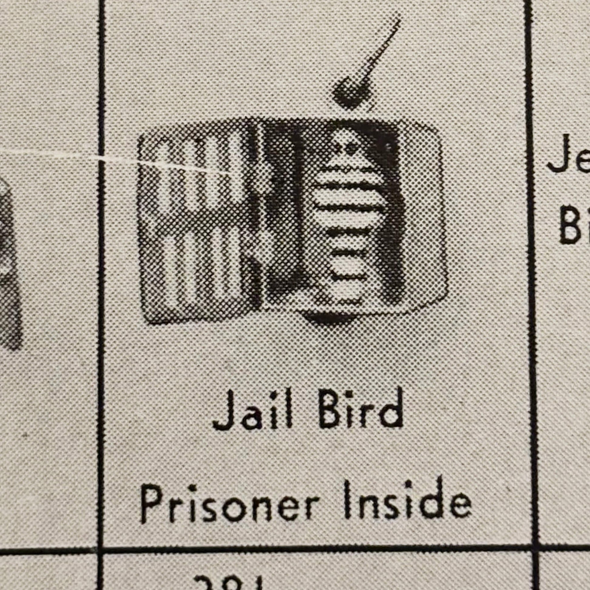 Image from a vintage charm catalogue showing a prison cell charm with 'Jail Bird, Prisoner Inside'.