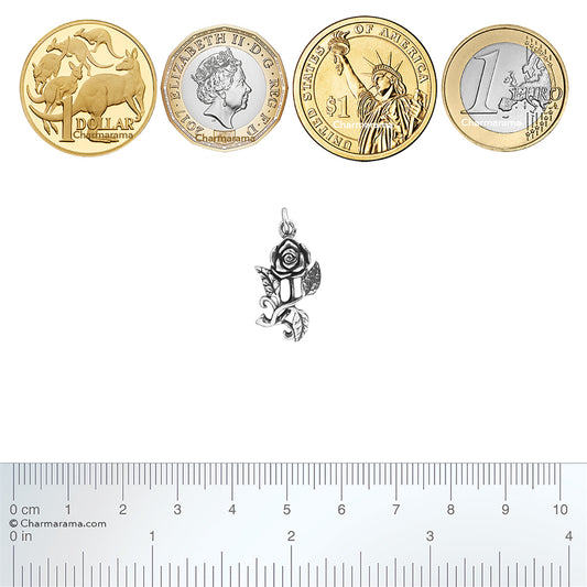 Silver rose charm with a ruler and coins for scale on a white background