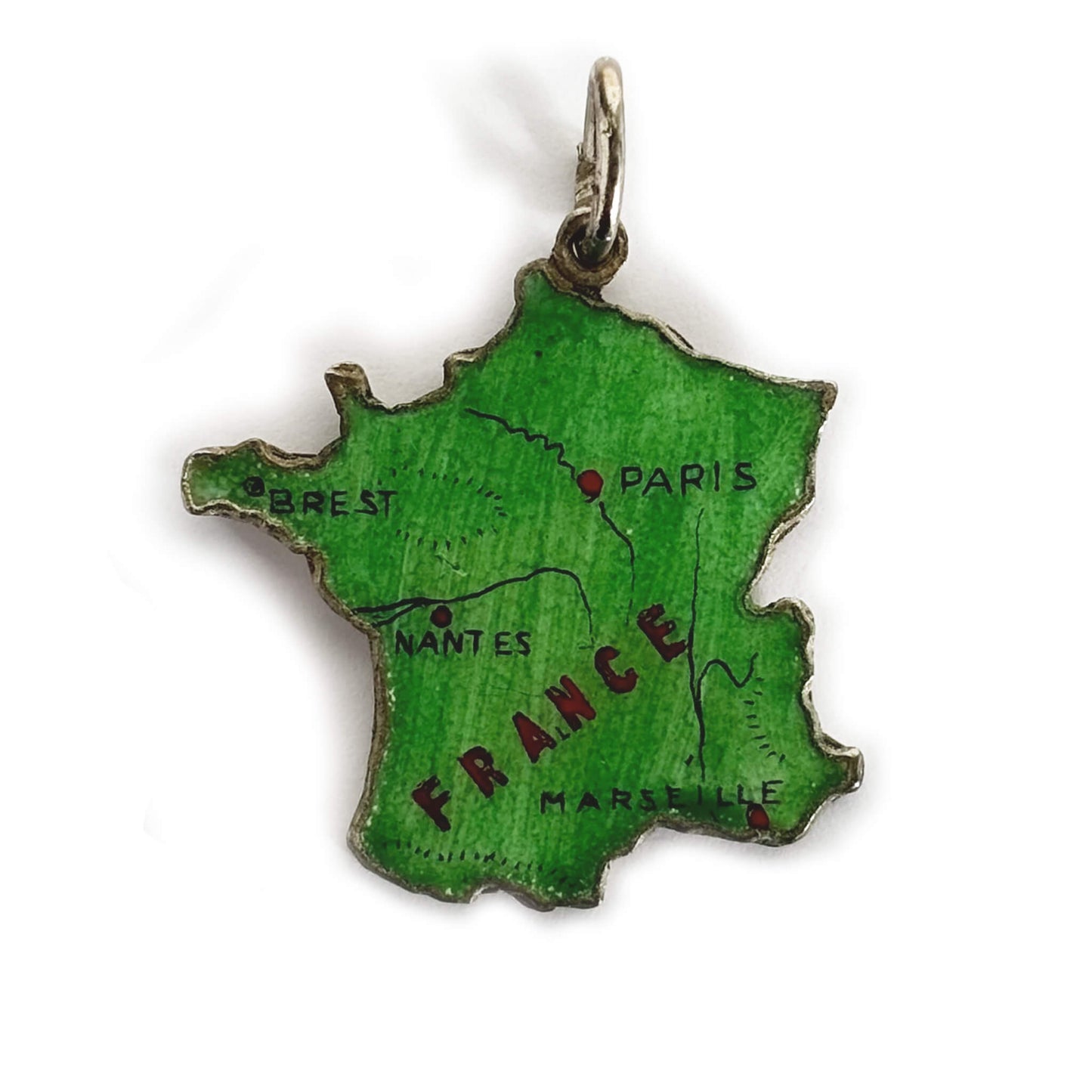 Green enamel France map charm on white background