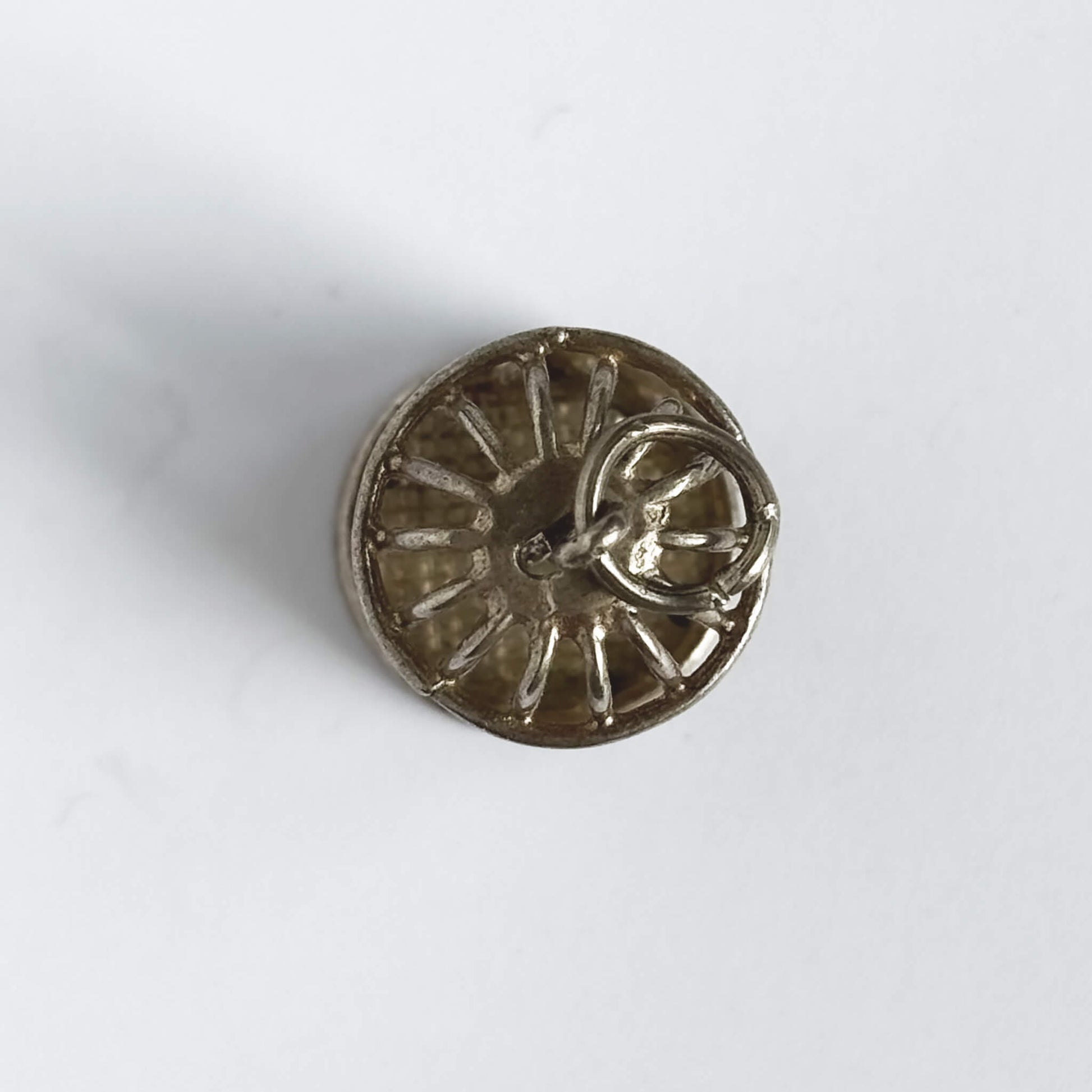 Vintage silver bird in a cage charm on a white background.