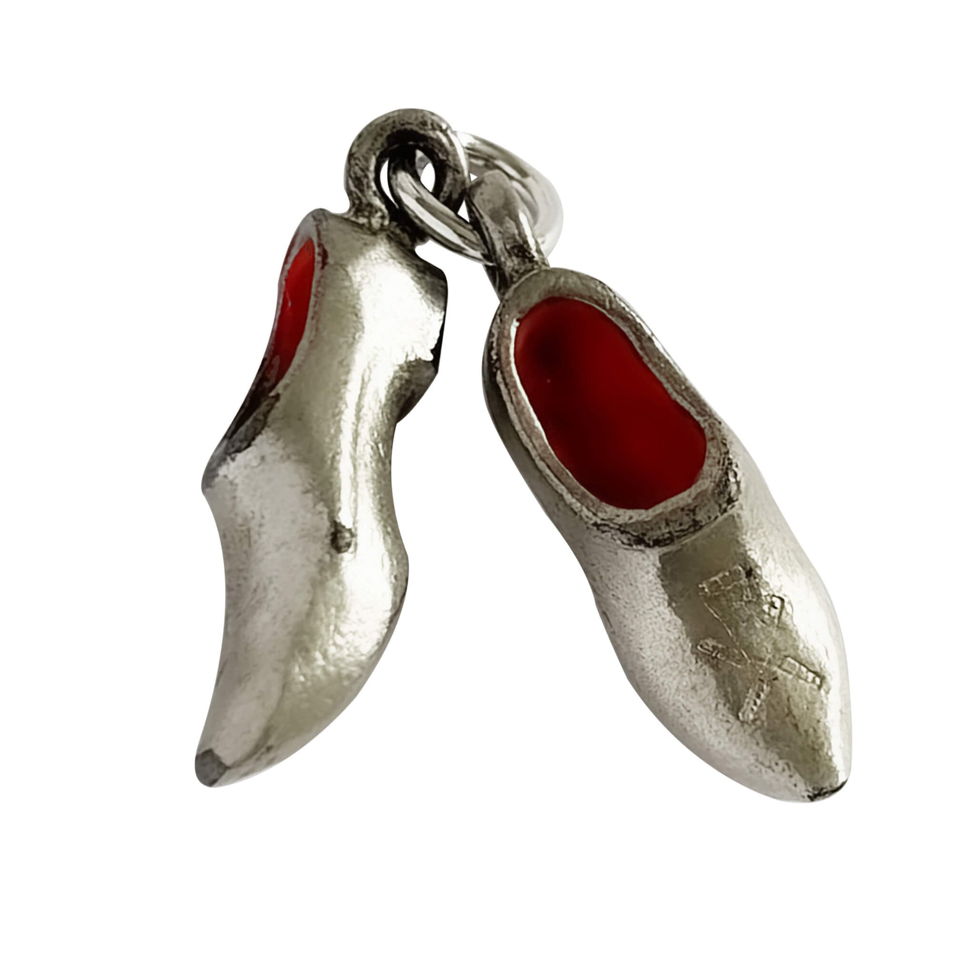 A pair of vintage silver plated and red enamel Dutch clogs charm.