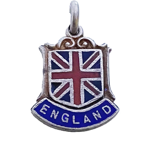 Shiny silver pendant with Union Jack design and 'England' text on a white background