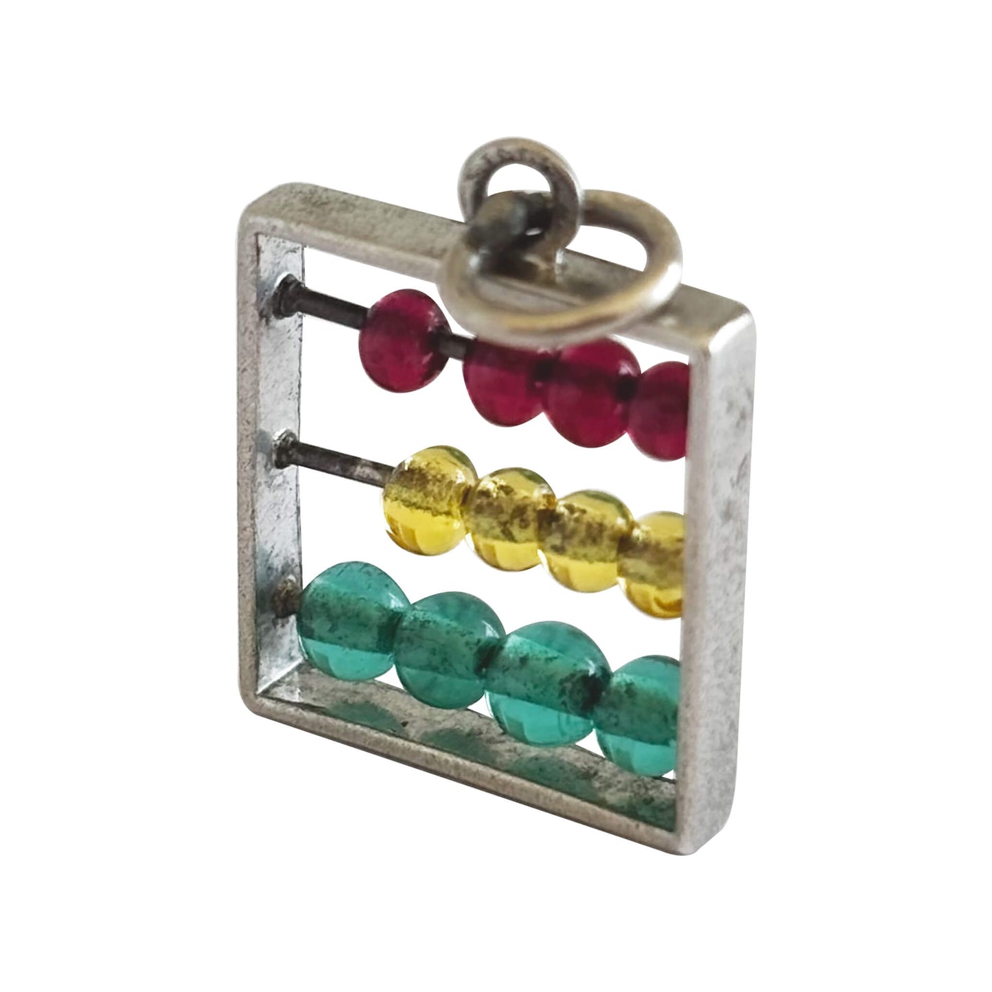 Small abacus charm with coloured beads on a white background