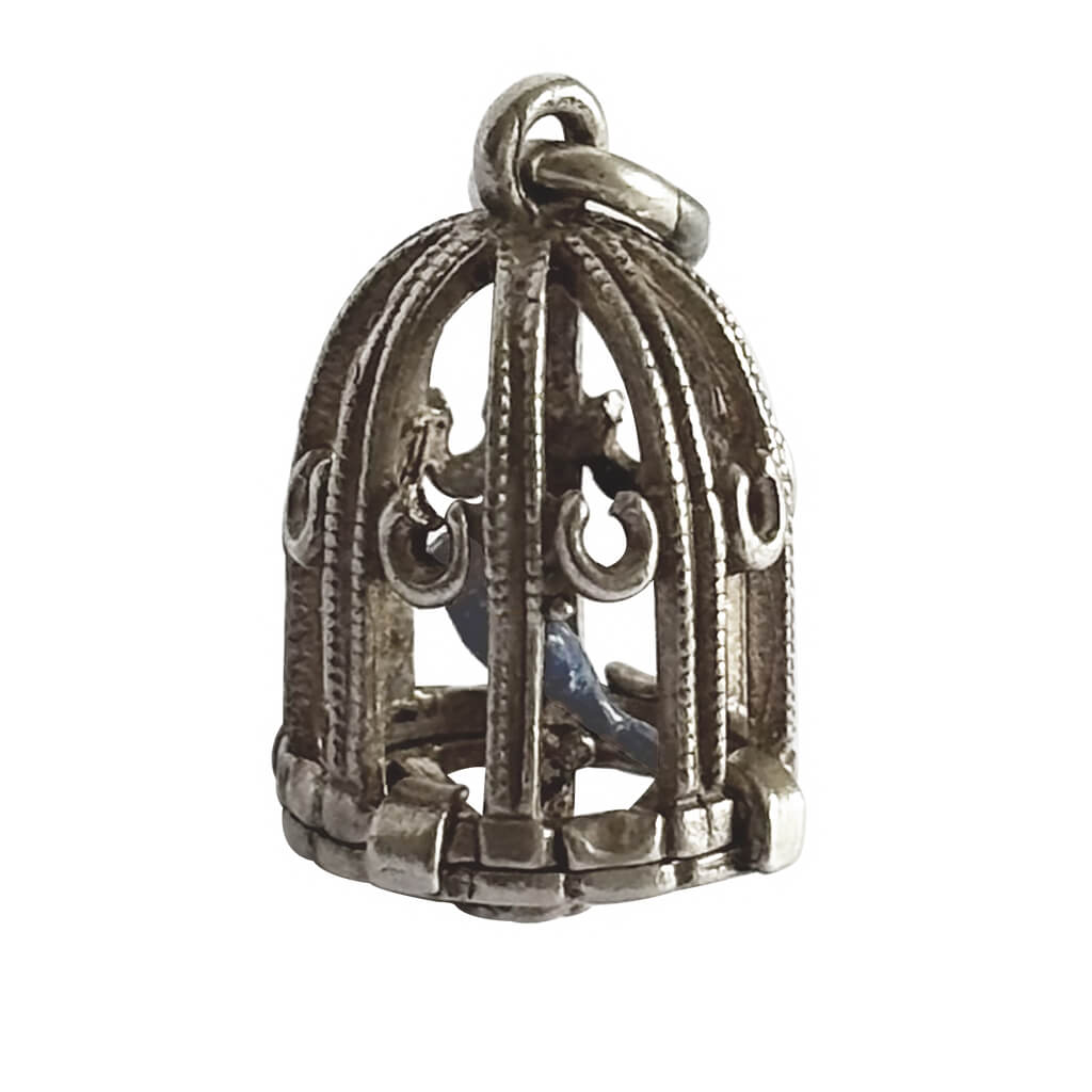 Silver birdcage charm with a bird inside on a white background