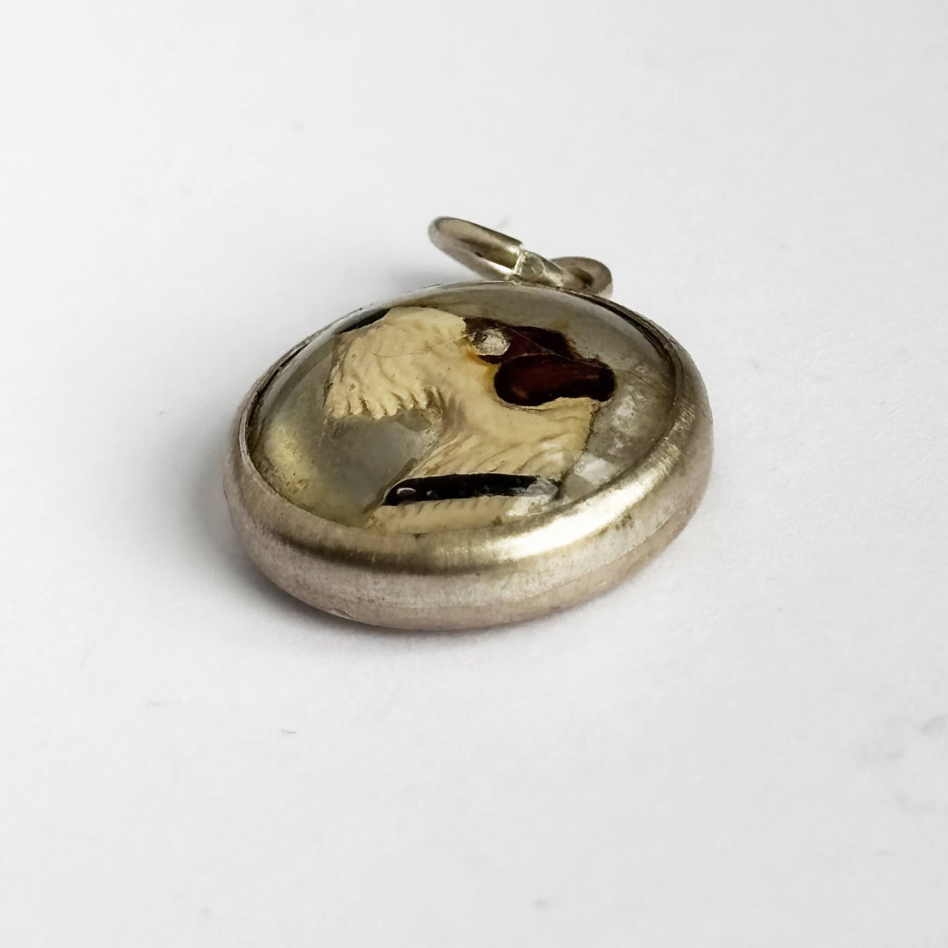 Silver pendant with a dog emblem on a white background