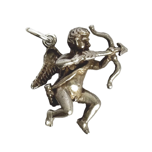 Silver Cupid charm with bow and arrow on a white background