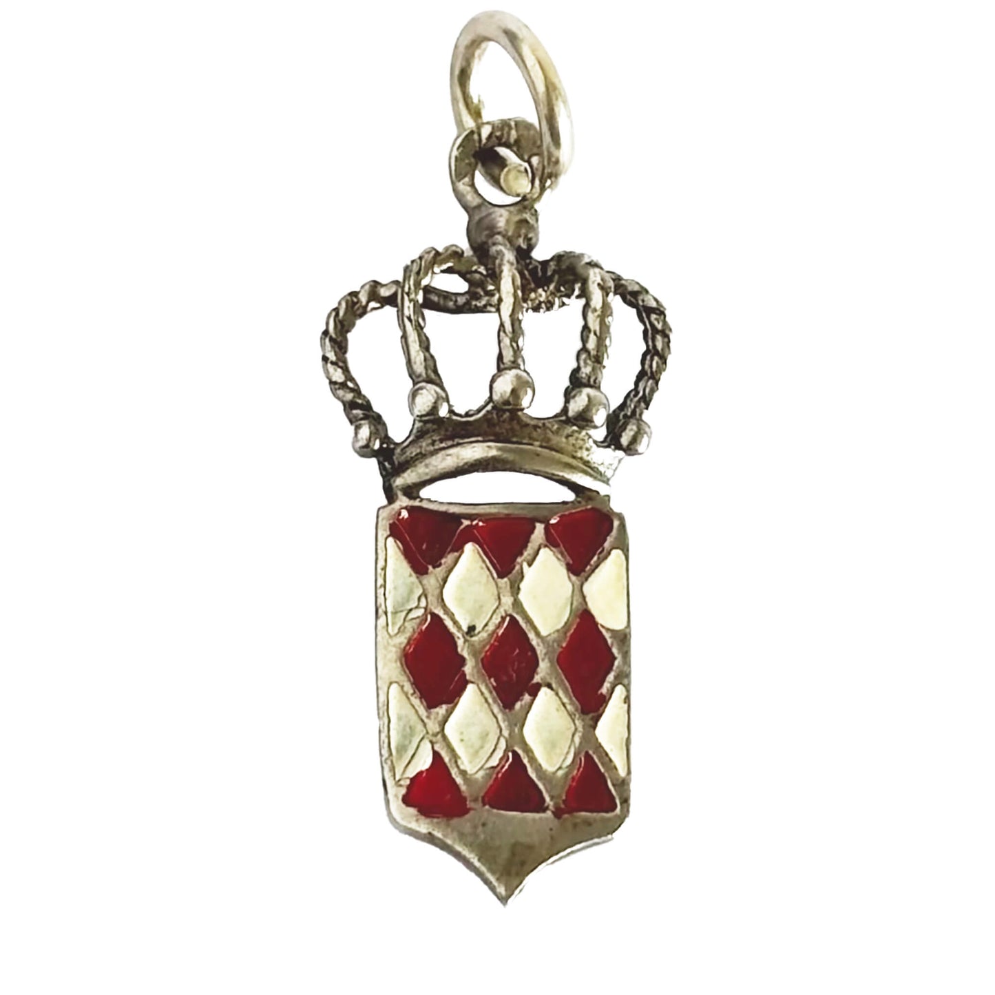 Silver and enamel Monaco flag and crown charm on a white background