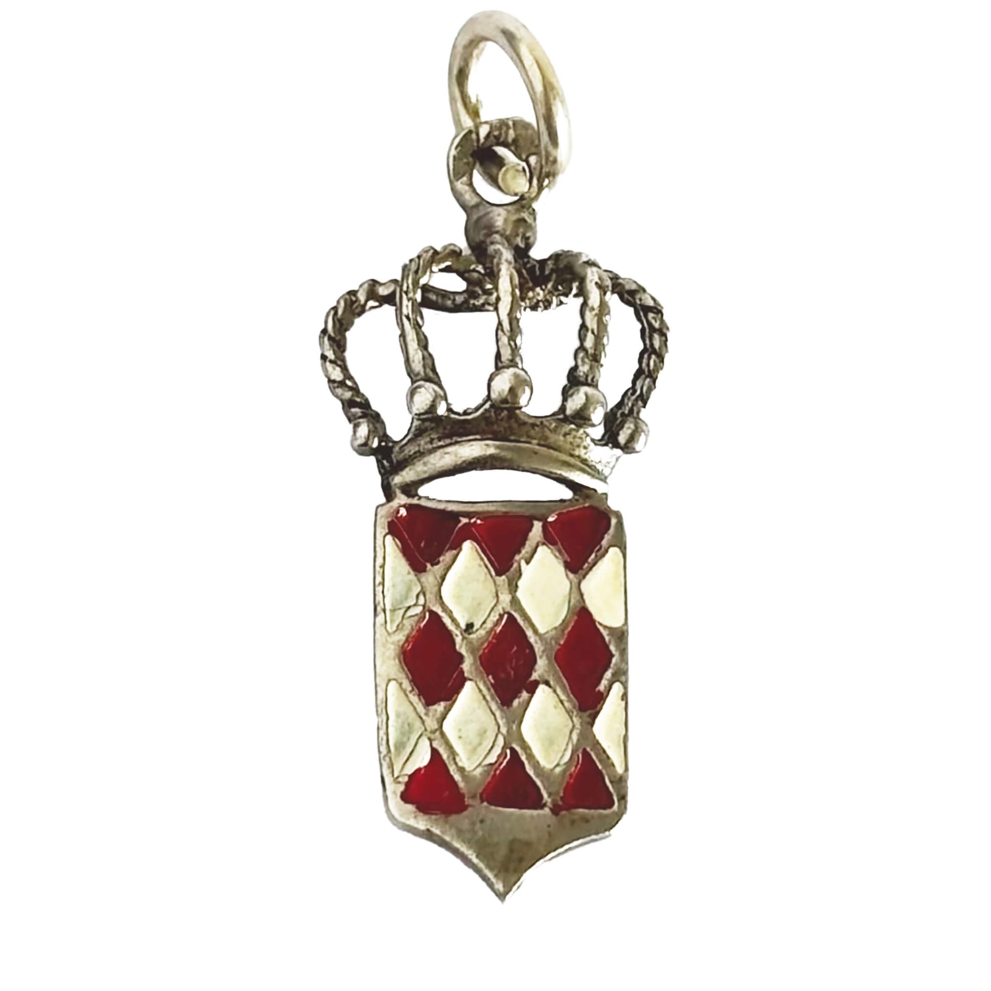 Silver and enamel Monaco flag and crown charm on a white background