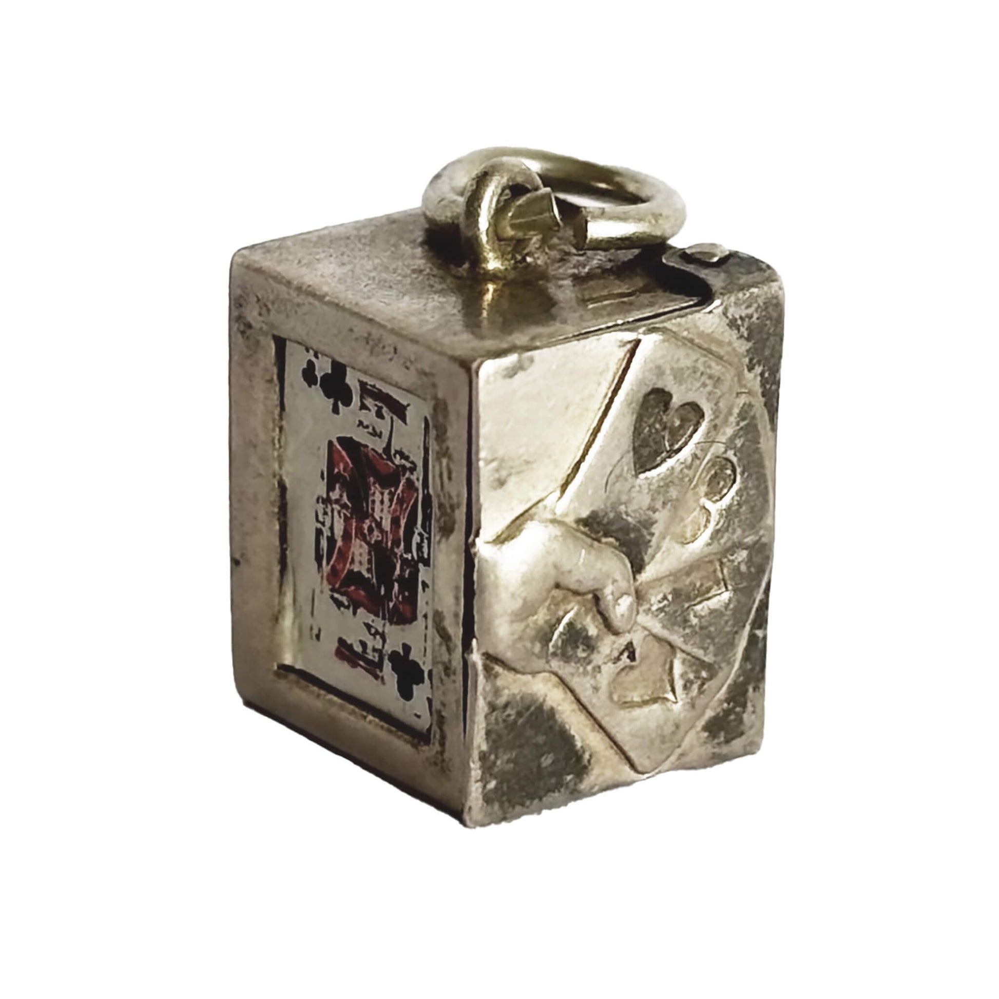 Vintage silver box of playing cards charm on a white background