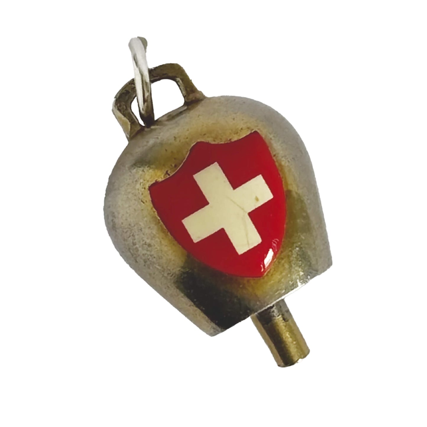 Gold washed silver Swiss bell with red shield and white cross on a white background