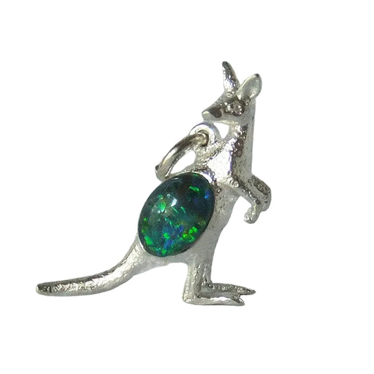 Kangaroo charm with opal sterling silver or gold pendant