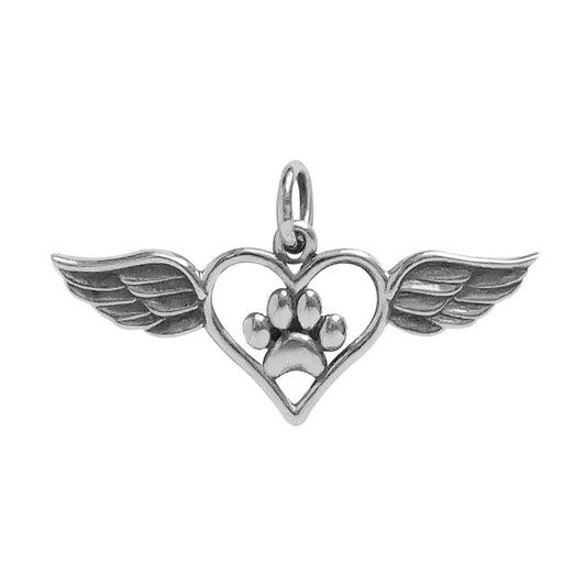 Winged Heart with Paw Print Charm Sterling Silver Animal Pendant