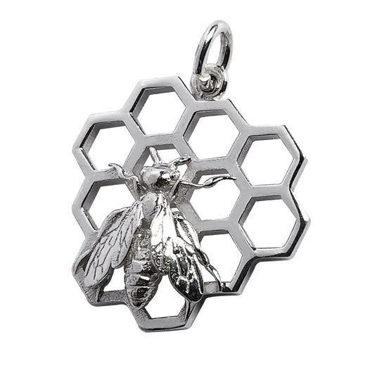 Honey bee on honeycomb charm sterling silver pendant