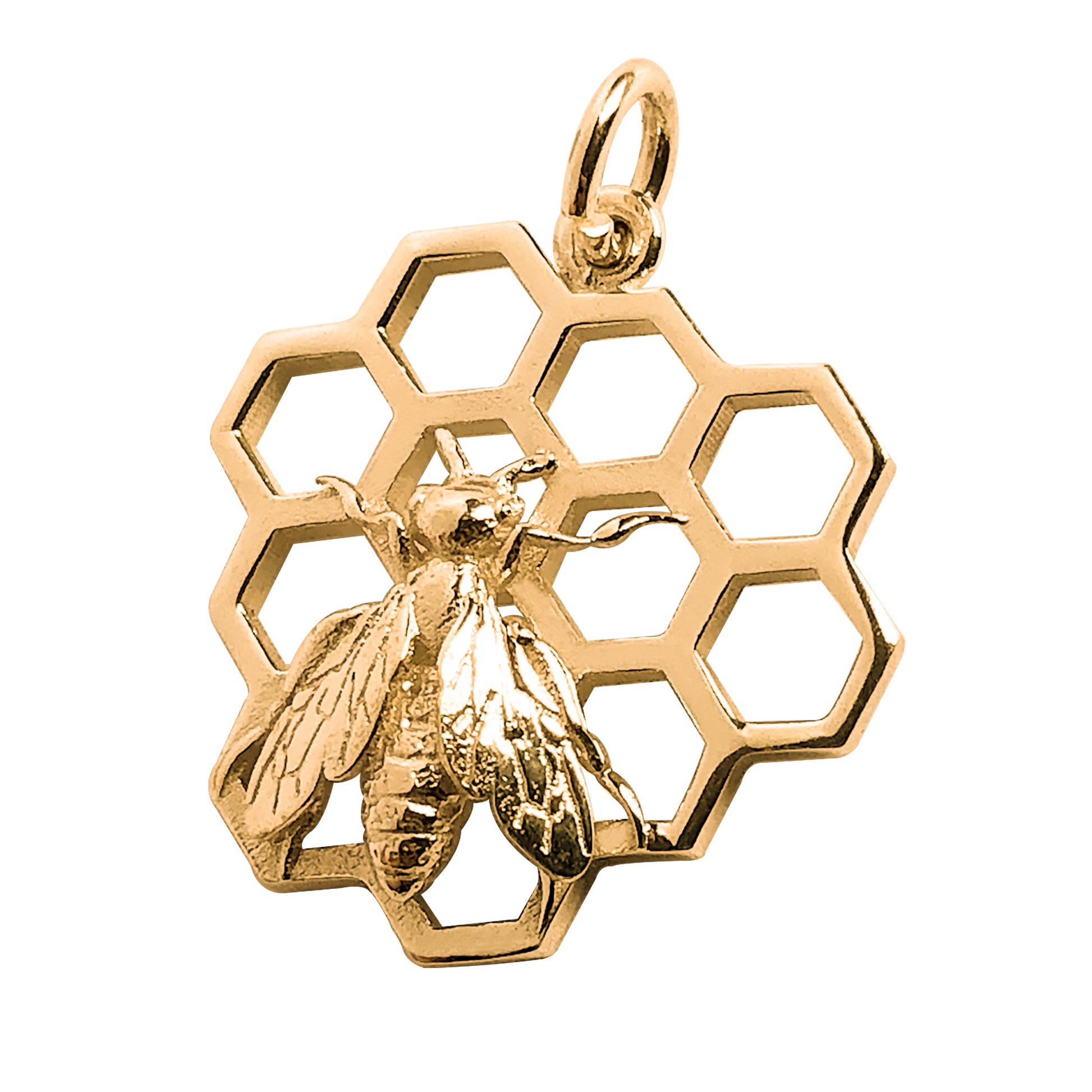 Honey bee on honeycomb charm 9ct 14ct or 18ct gold pendant