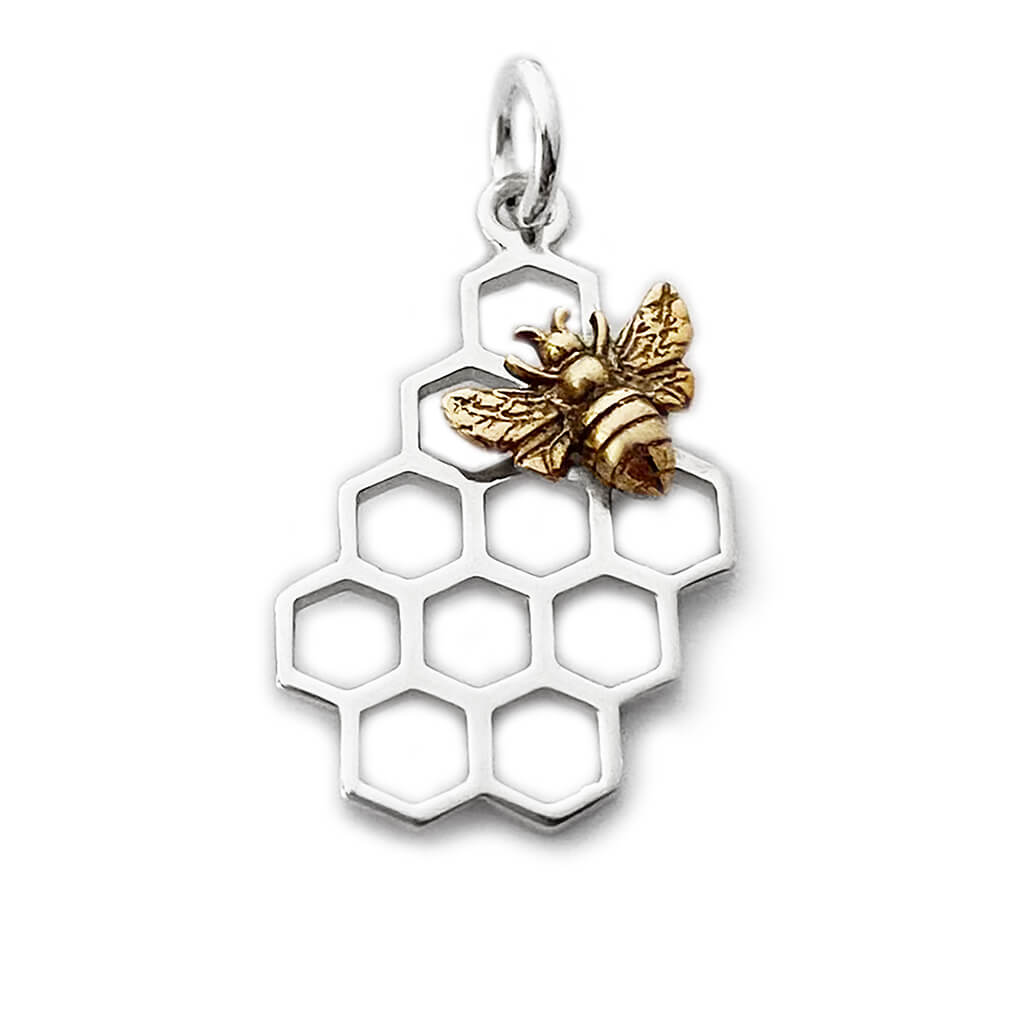Honey Bee on Honeycomb Charm Sterling Silver and Bronze