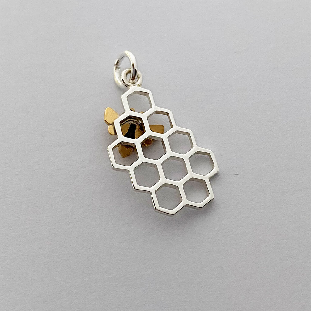 Honey Bee on Honeycomb Charm Sterling Silver and Bronze Insect Pendant