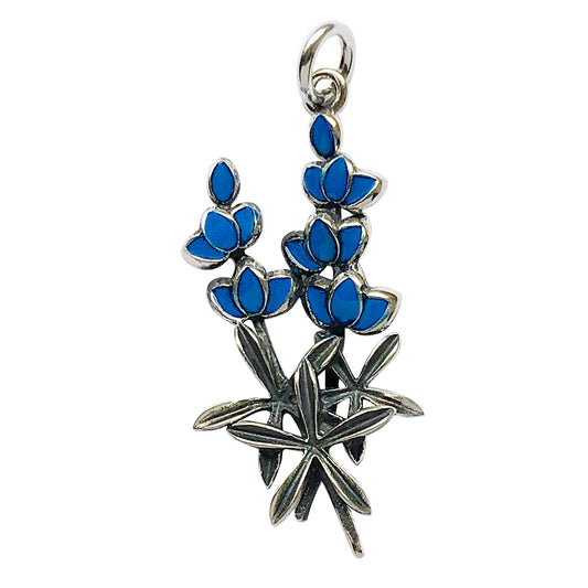 Sterling silver bluebonnet flowers charm pendant with blue enamel