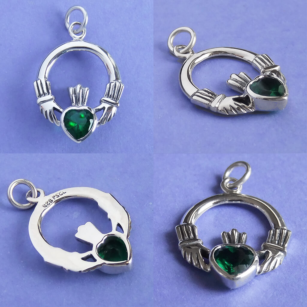 Claddagh Charm Irish hands crowned heart Sterling Silver green cubic zirconia