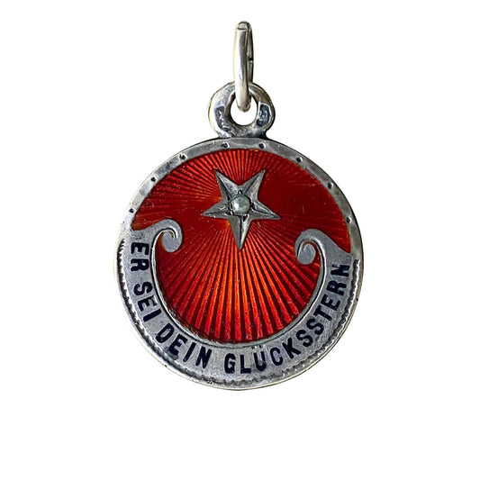 Antique German Austrian This be your lucky star ER SEI DEIN GLÜCKSSTERN red guilloche enamel and Pearl charm