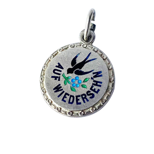 Antique German Austrian silver charm Swallow bird forget me not flower Auf Wiedersehen enamel pendant